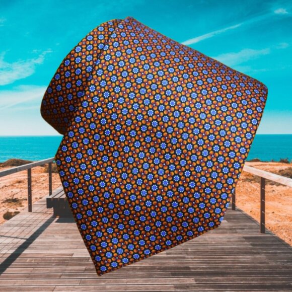 $640 BRIONI Blue Aqua Orange Floral Geometric Handmade Italy Silk Neck Tie Long
